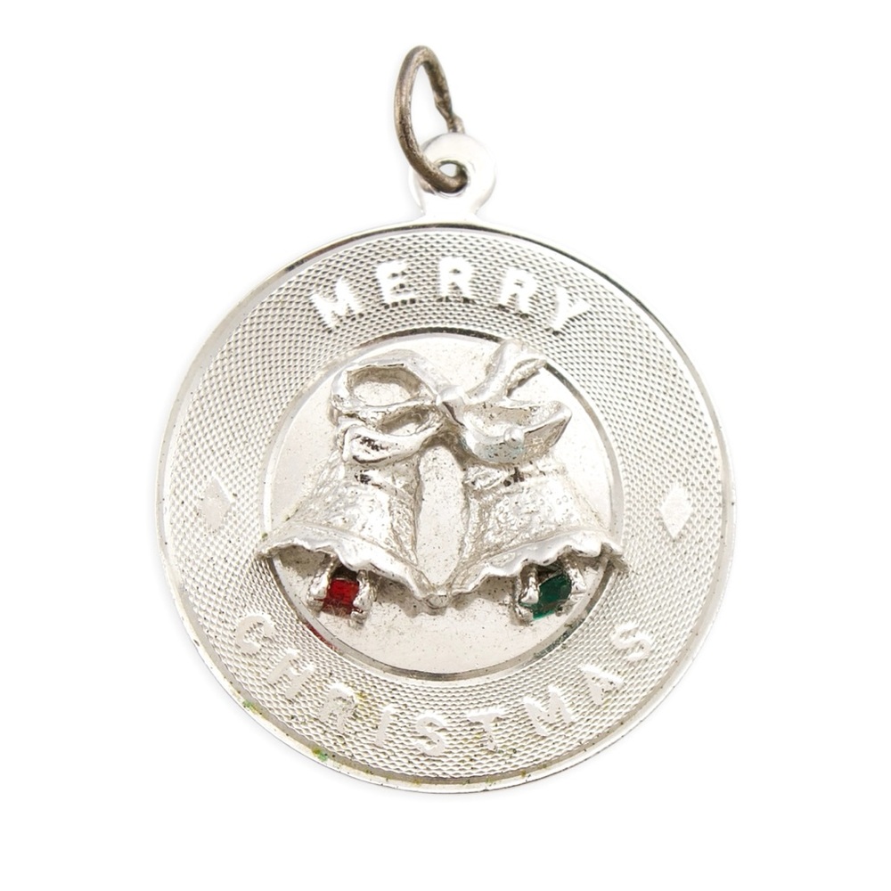 Vintage Sterling Silver Merry Christmas Bells Charm Pendant Retro Winter Holiday